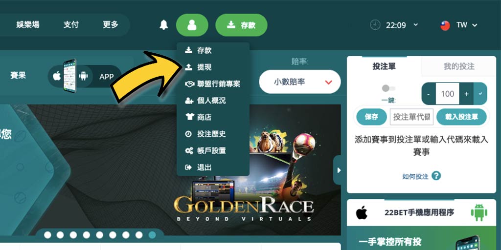 22BET賭場/體育投注網站－如何成功出金/提款？