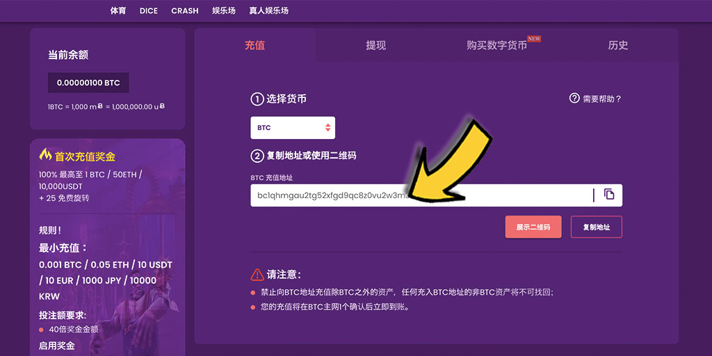 TrustDice Casino（信任骰子）比特幣賭場－如何成功入金/存款？
